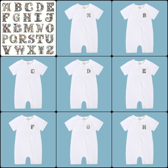 *MONOGRAM* BABY ROMPER-NWT Short Sleeve Short Bodysuit Double Zip Cotton White - Picture 12 of 16